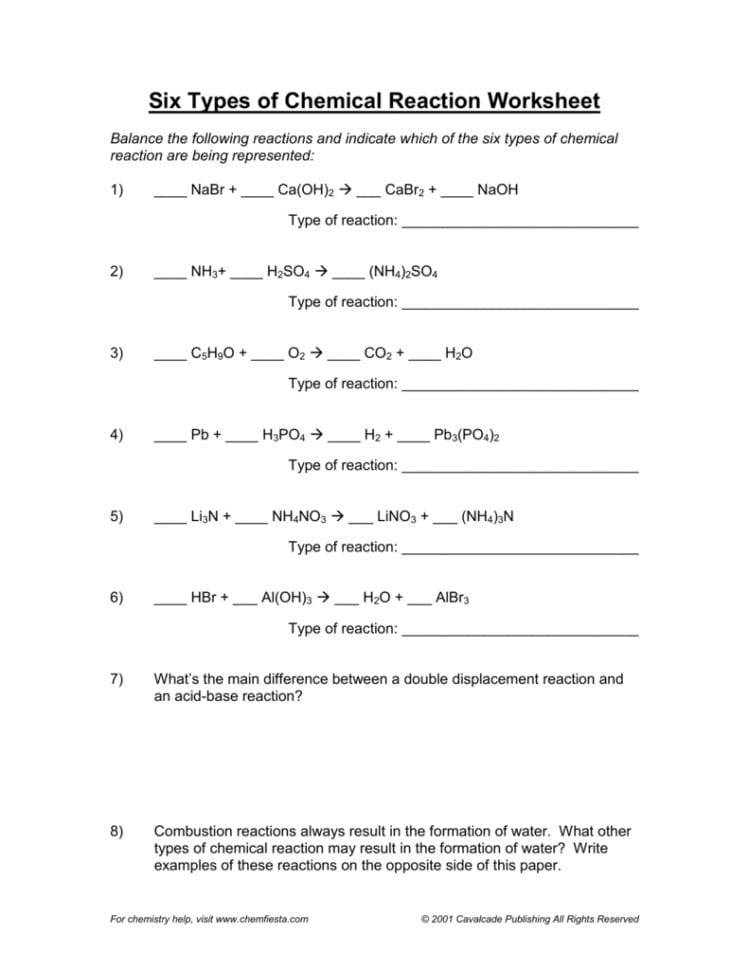 Six Types Of Chemical Reaction Worksheet