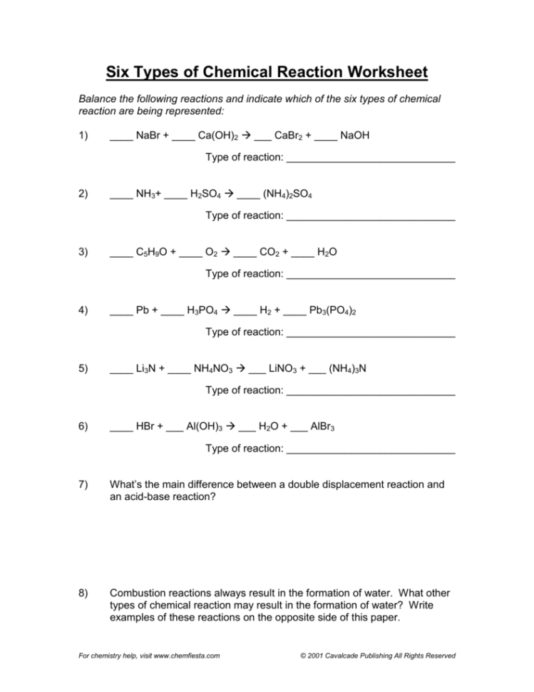 Types Of Reactions Worksheet