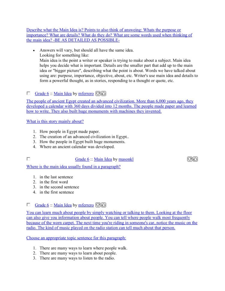 Sixth Grade Grade 6 Main Idea Worksheets  Create