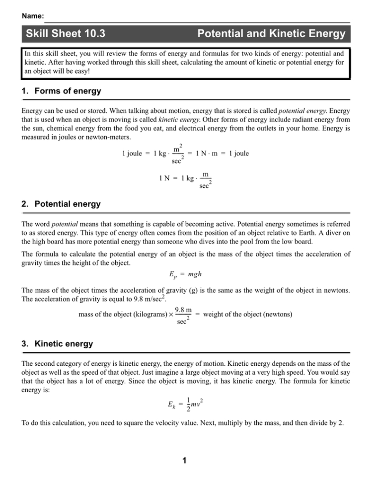 Skill Sheet 103 Potential And Kinetic Energy