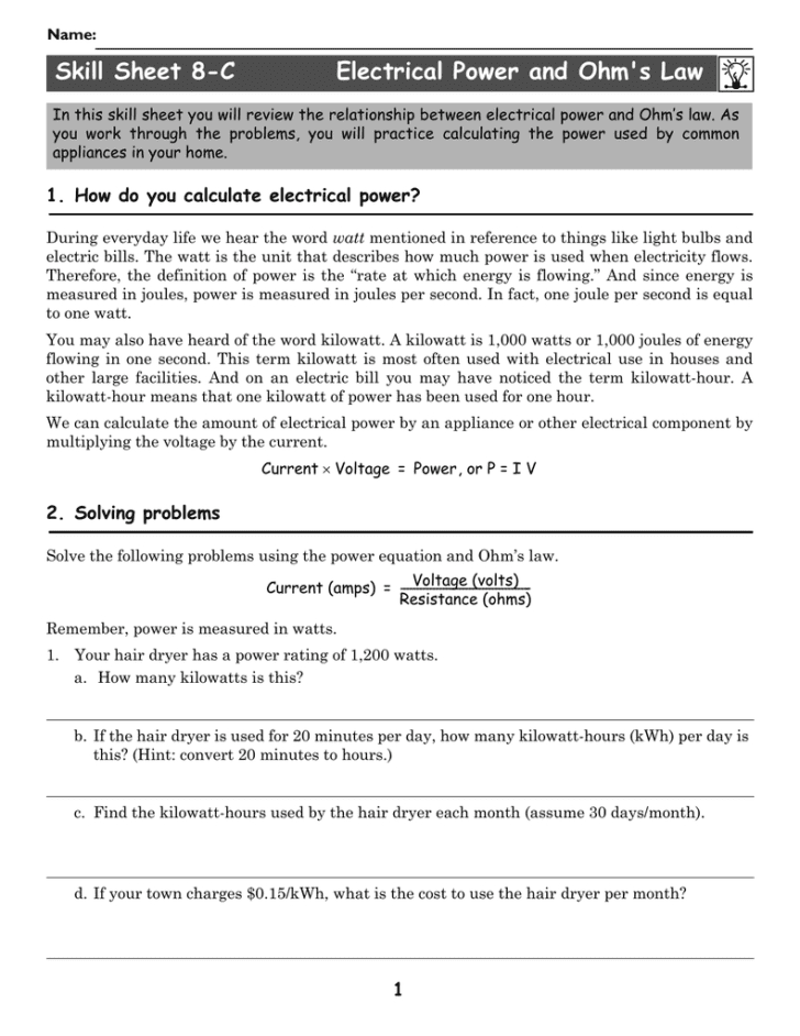 Electrical Power Worksheet Answers