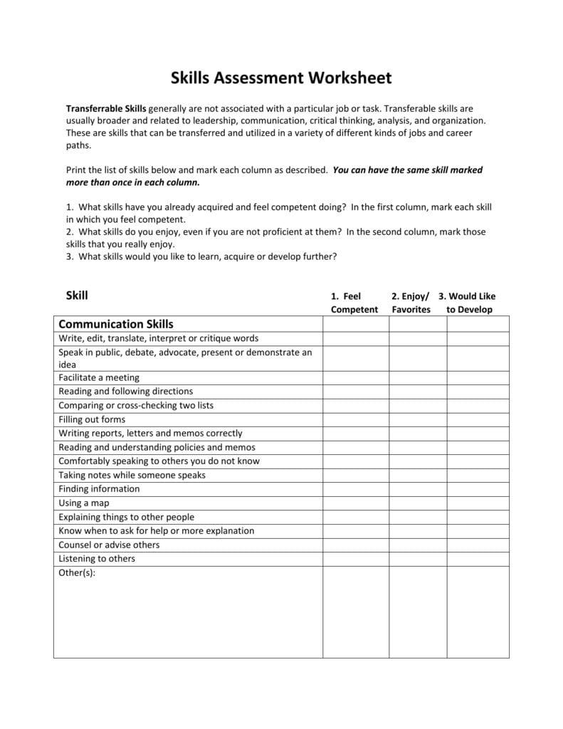 Job Skills Assessment Worksheet —