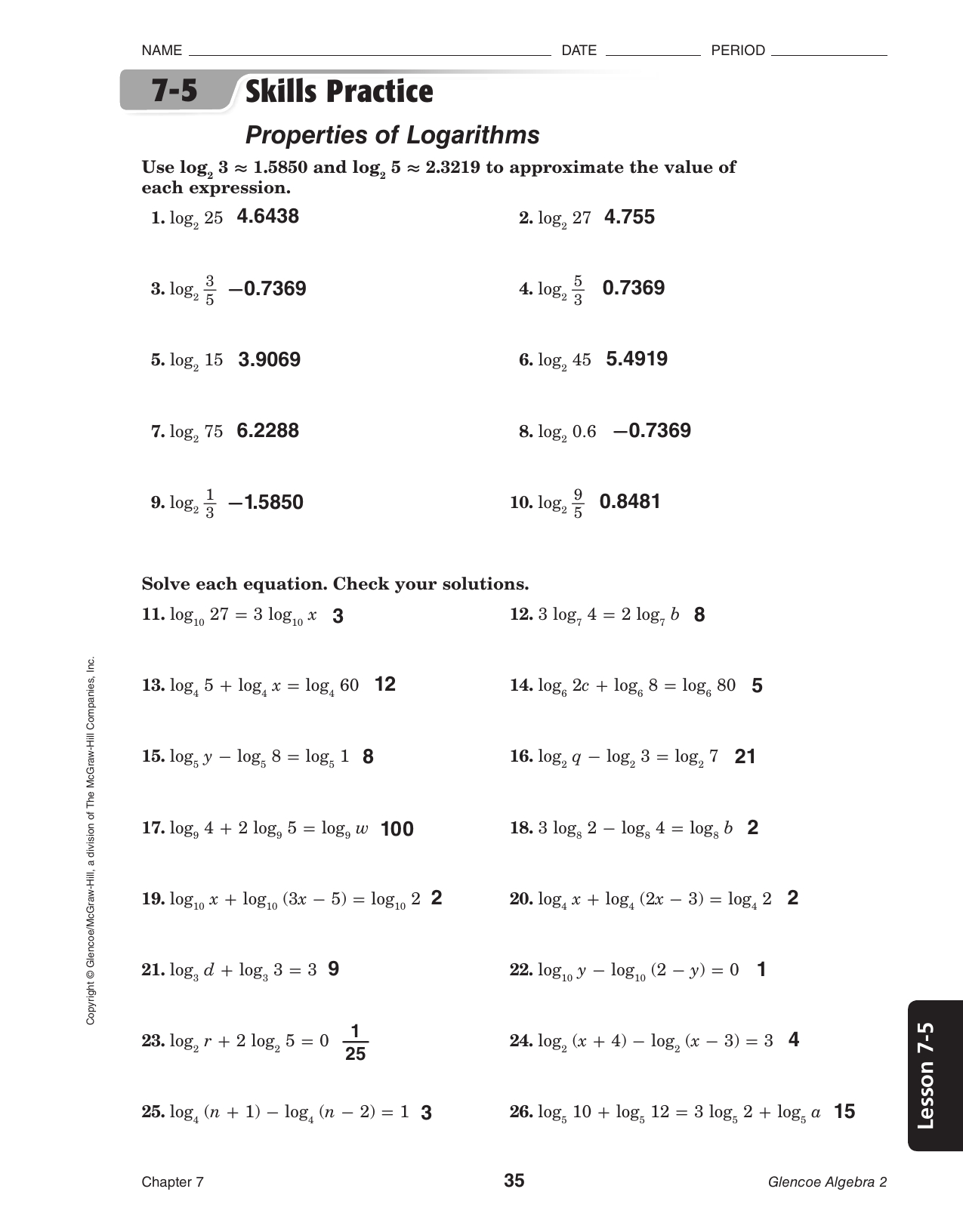 Skills Practice Properties Of Logarithms 75