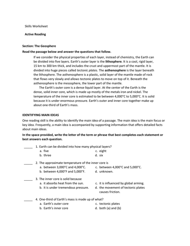Skills Worksheet Active Reading Section The Geosphere Read The
