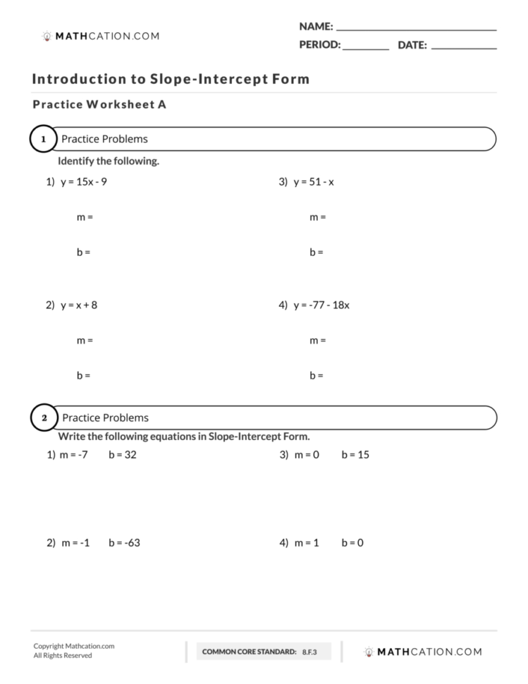 Slope Intercept Form Worksheet  Mathcation