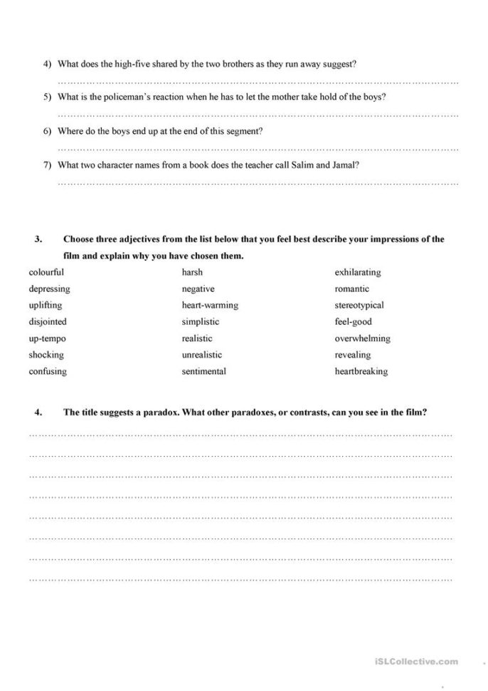 Slumdog Millionaire Movie Worksheet  English Esl Worksheets