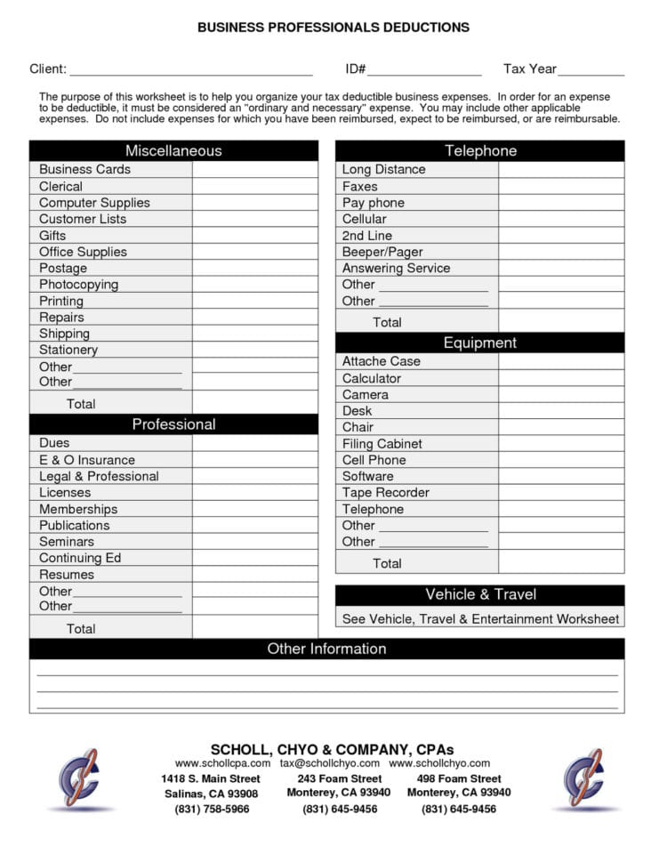 Small Business Tax Spreadsheet Excel Deductions Worksheet