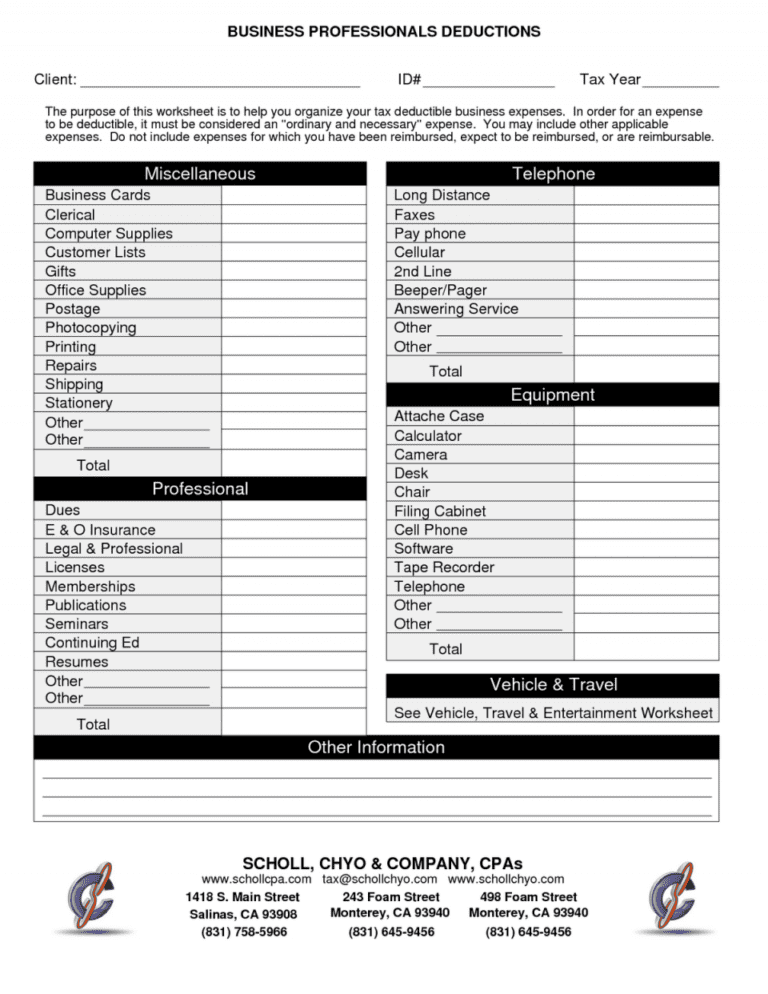 Small Business Tax Deductions Worksheet — db-excel.com