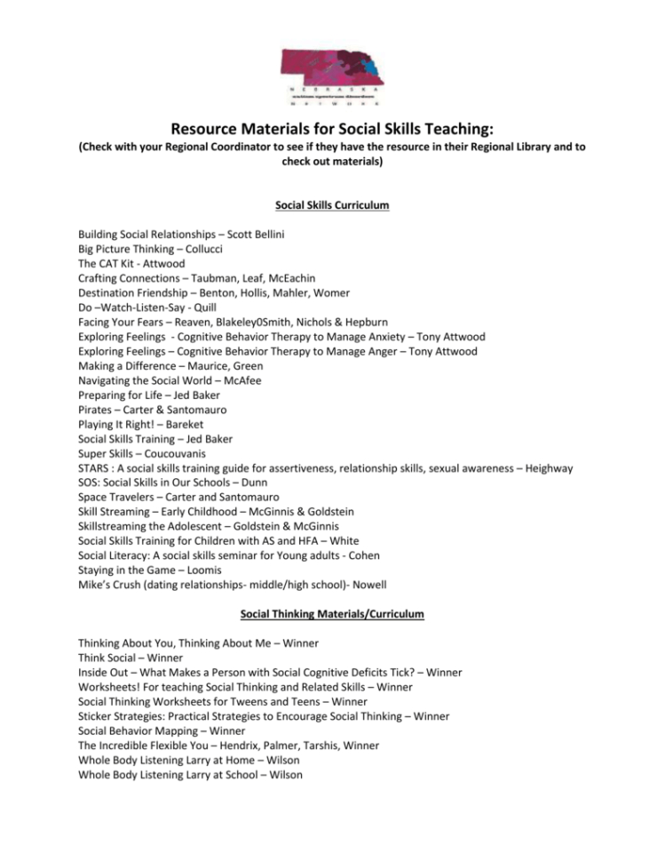 Social Skills Curriculum List