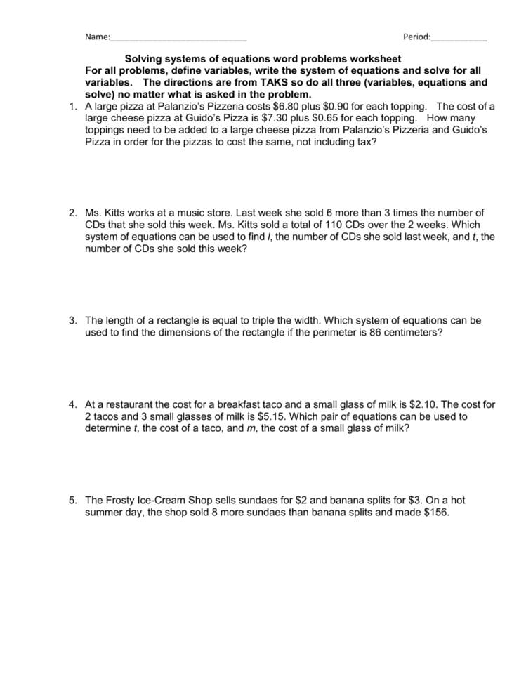 Soe Word Problems Worksheet