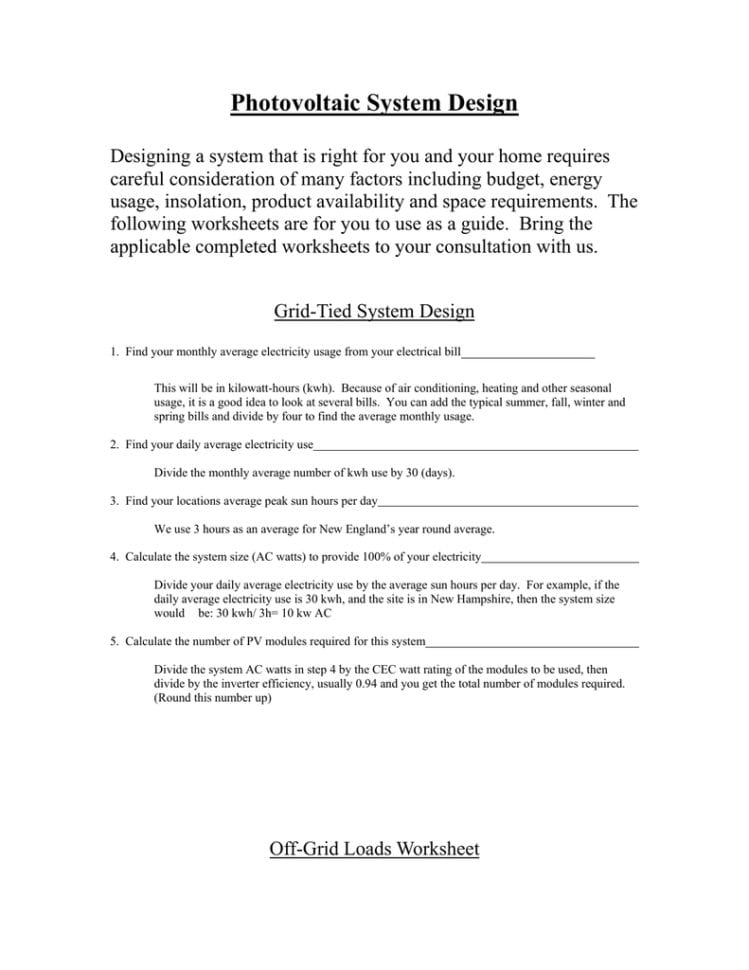 Solar Design Worksheet