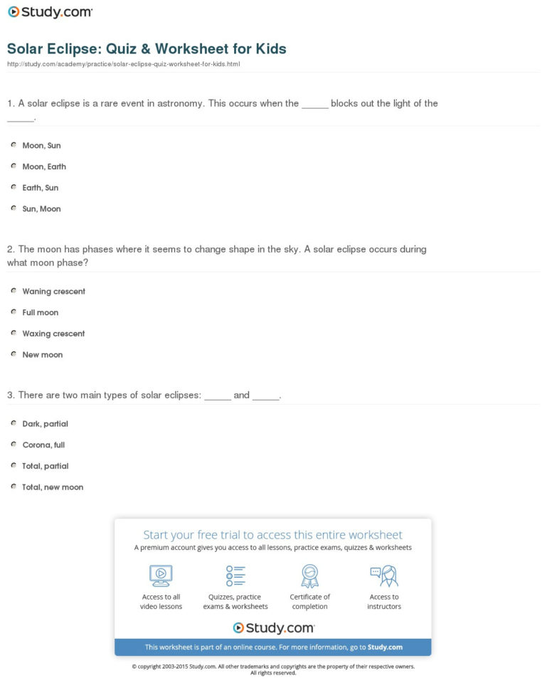 Solar Eclipse Quiz  Worksheet For Kids  Study