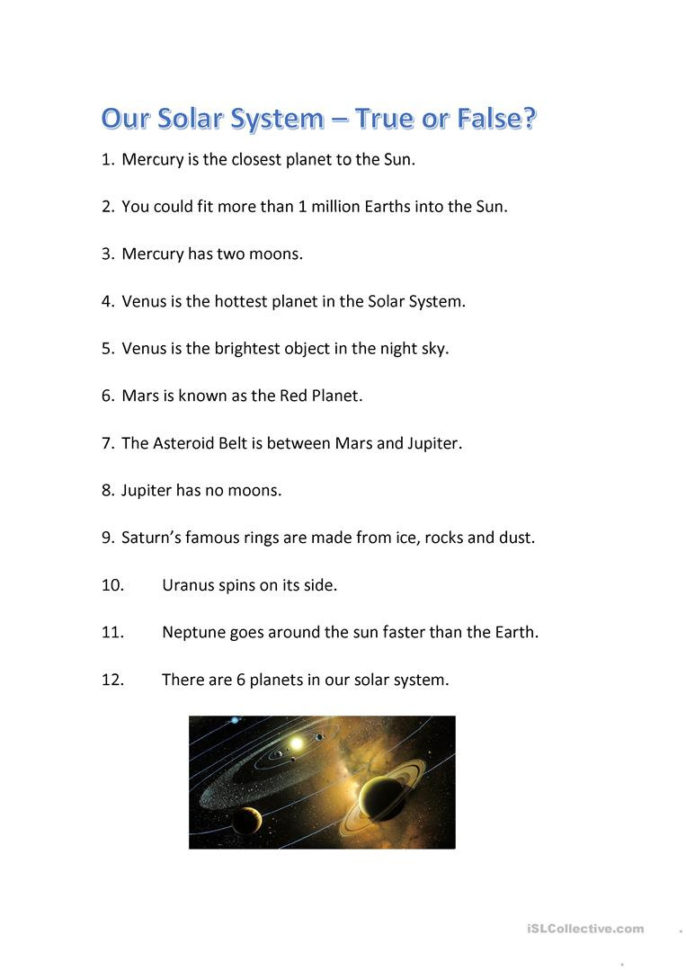 Solar System Quiz  True Or False  English Esl Worksheets