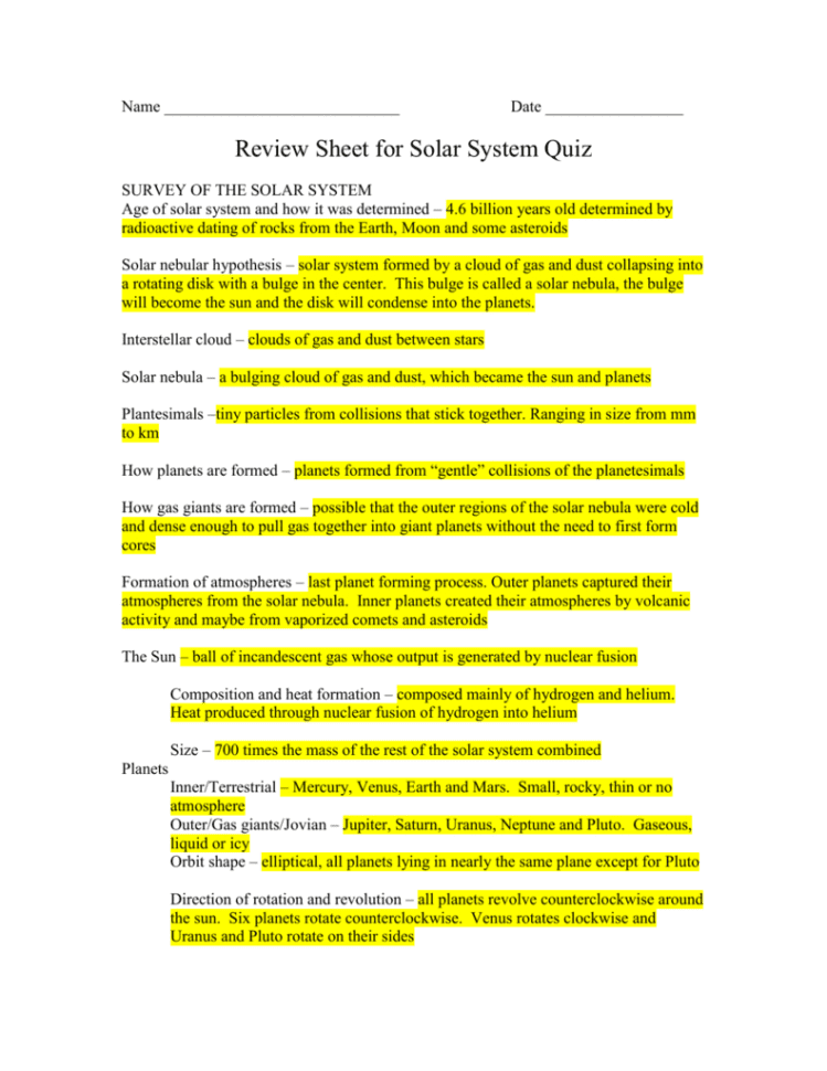Solar System Review Sheet With Answers