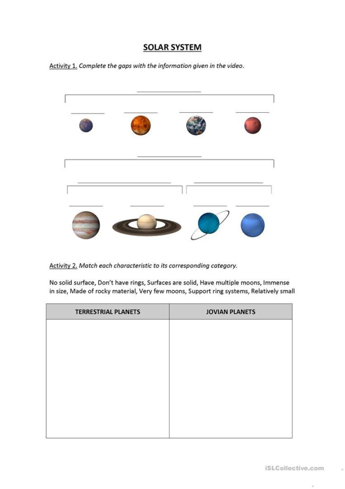 Solar System Worksheet Video Lesson  English Esl Worksheets