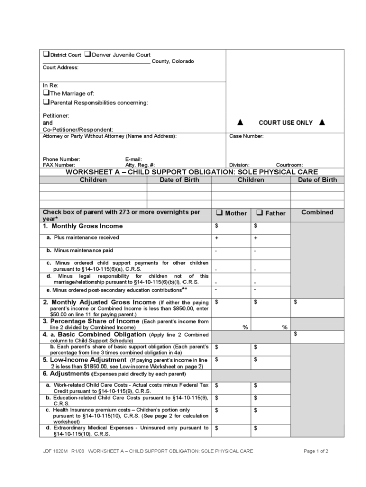 Sole Custody Worksheet  Colorado  Edit Fill Sign Online