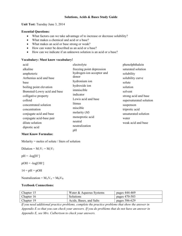 Solutions Acids  Bases Study Guide Unit Test Tuesday June 3