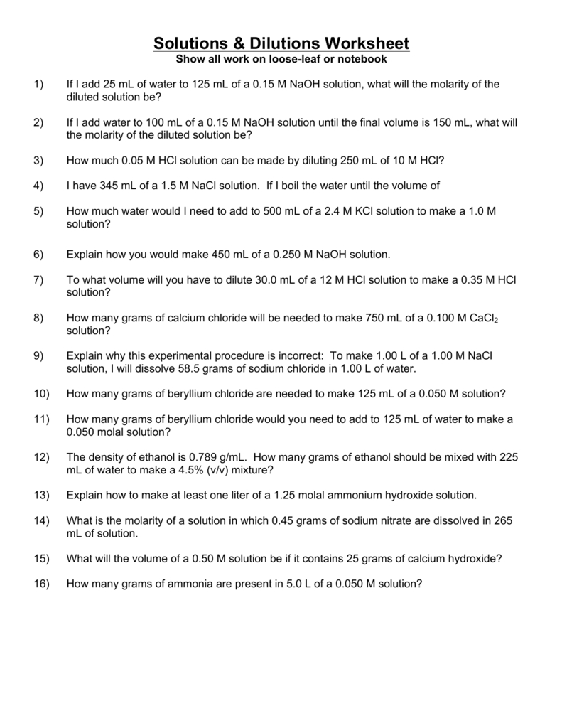 Solutions  Dilutions Worksheet