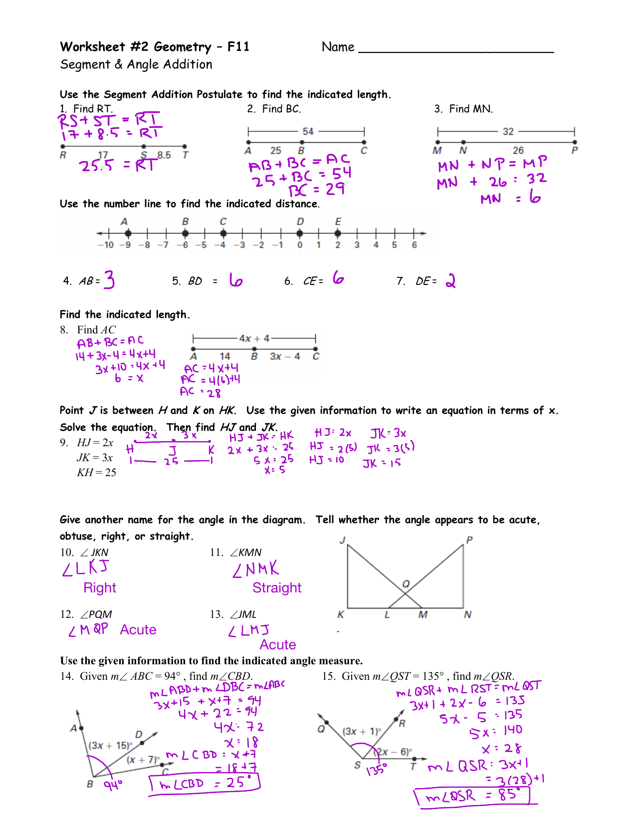 Geometry Worksheet Angle And Segment Addition Postulate Help