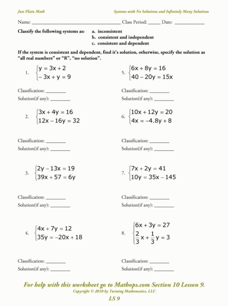 One Solution No Solution Infinite Solutions Worksheet — db-excel.com