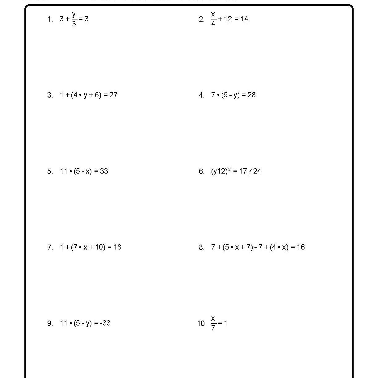 Solve For The Variables Worksheet 1 Of 10