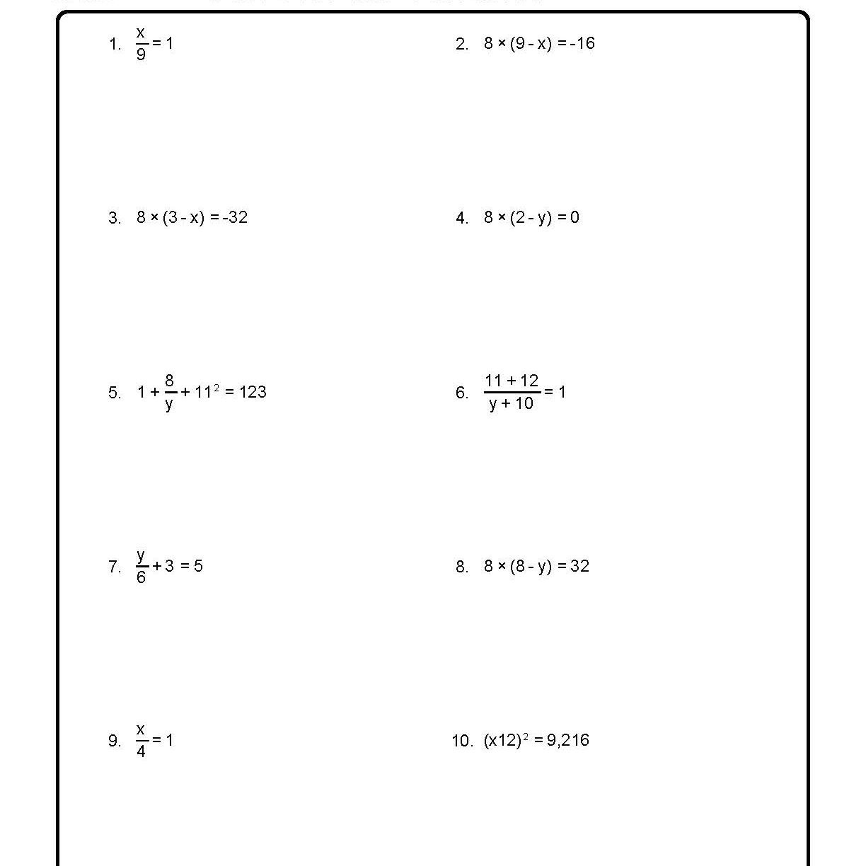 Solve For The Variables Worksheet 1 Of 10