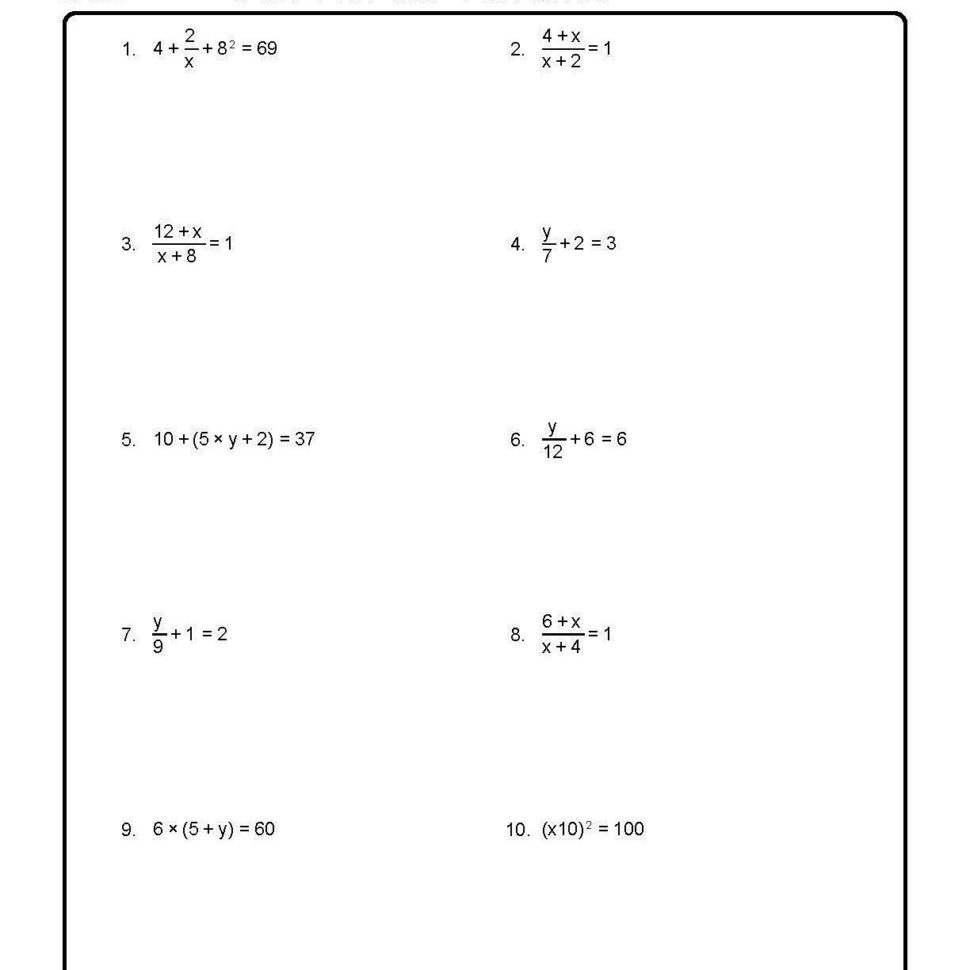 Solve For The Variables Worksheet 1 Of 10