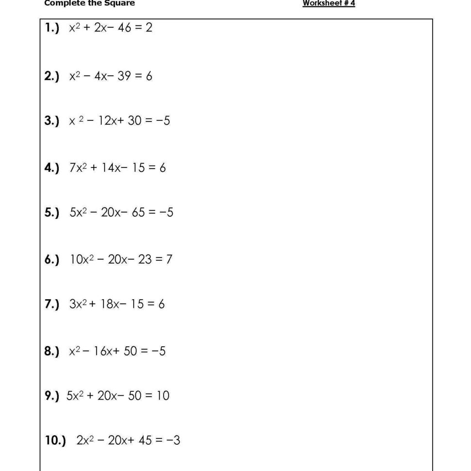 Solve Quadratic Equationscompeting The Square Worksheets