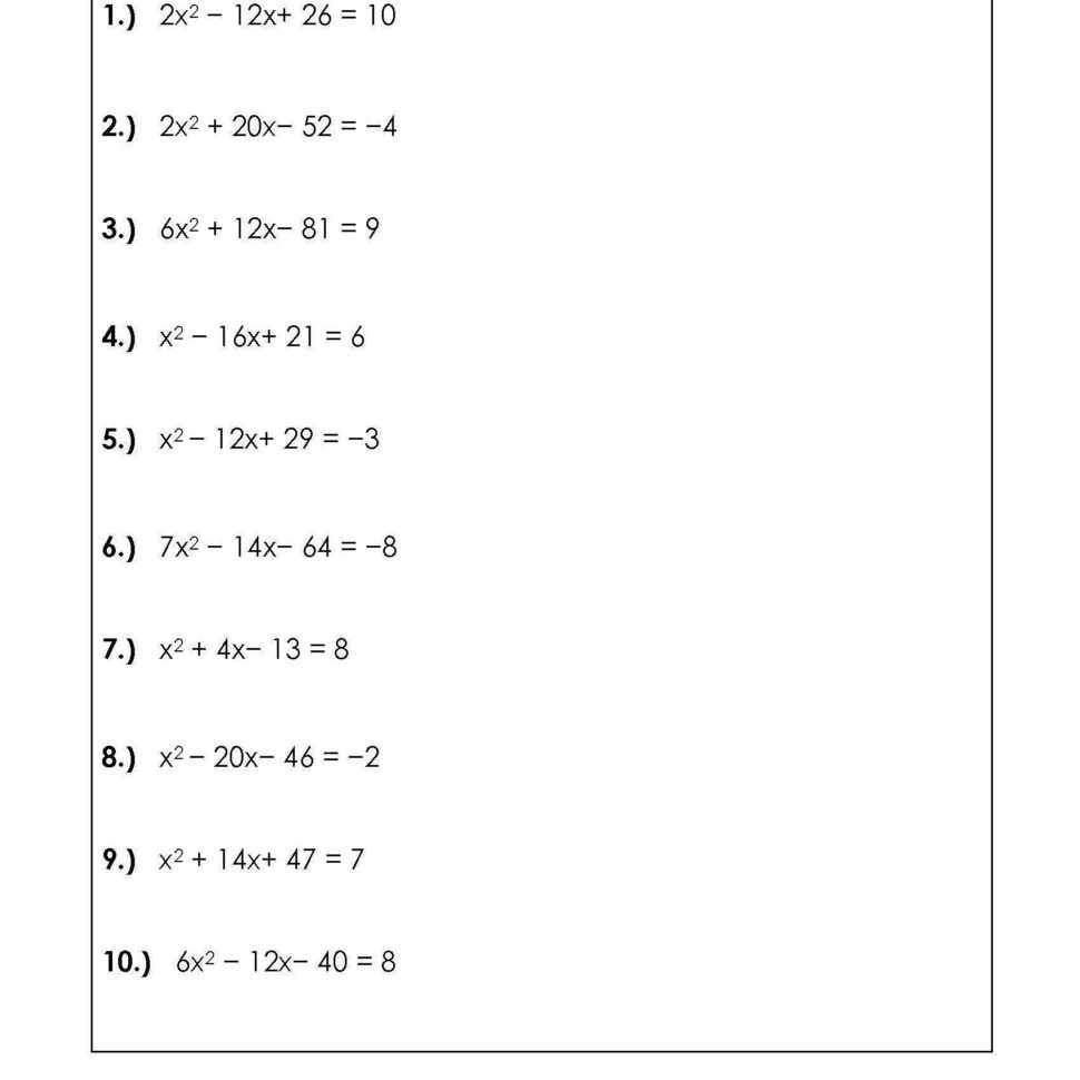 Solve Quadratic Equationscompeting The Square Worksheets