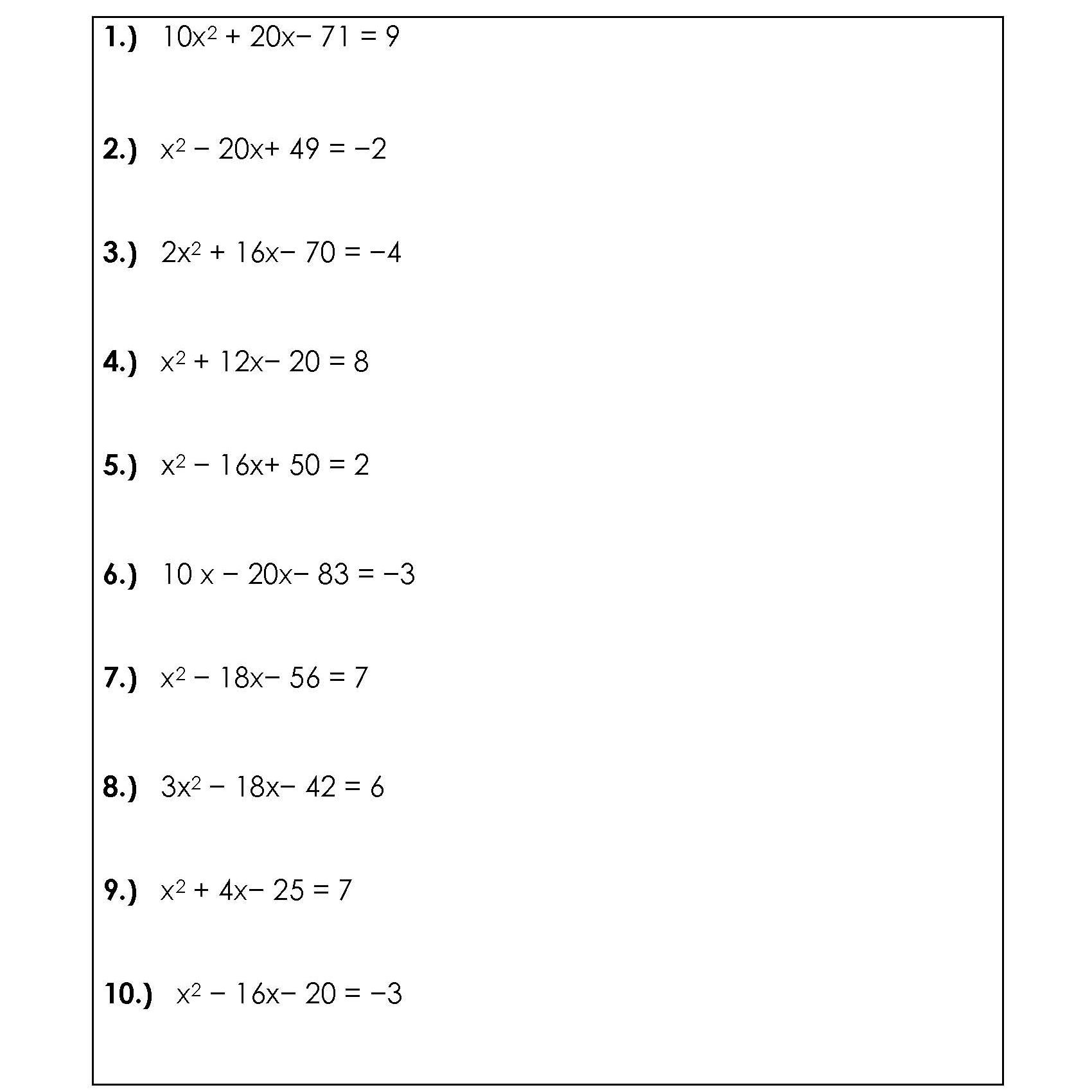 Solve Quadratic Equationscompeting The Square Worksheets