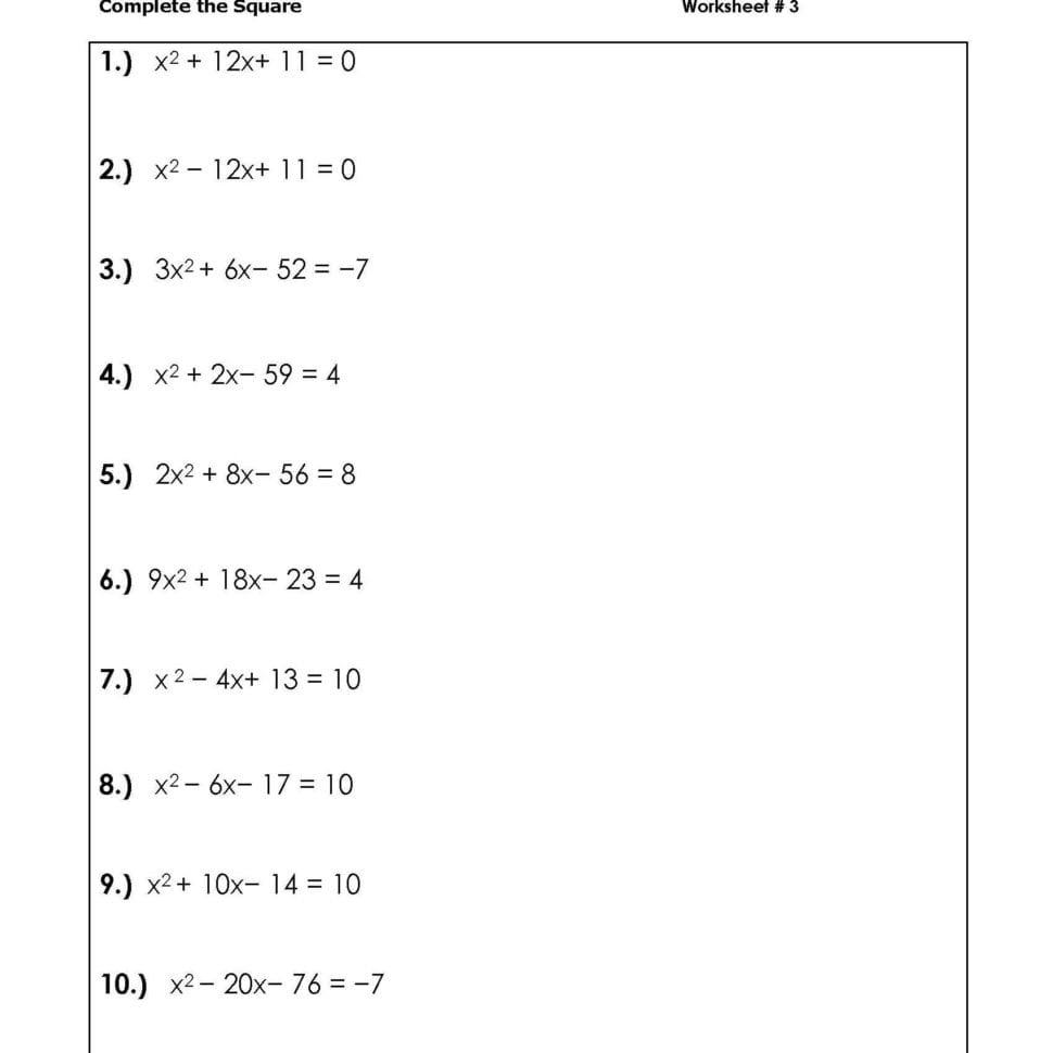 Solve Quadratic Equationscompeting The Square Worksheets