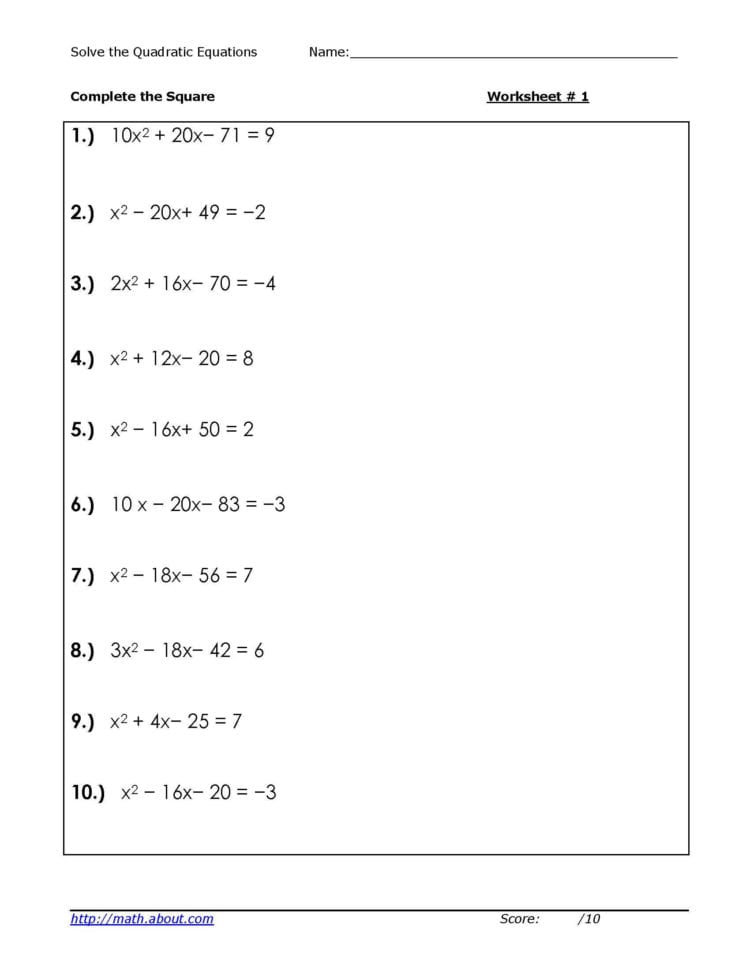Solve Quadratic Equationscompeting The Square Worksheets