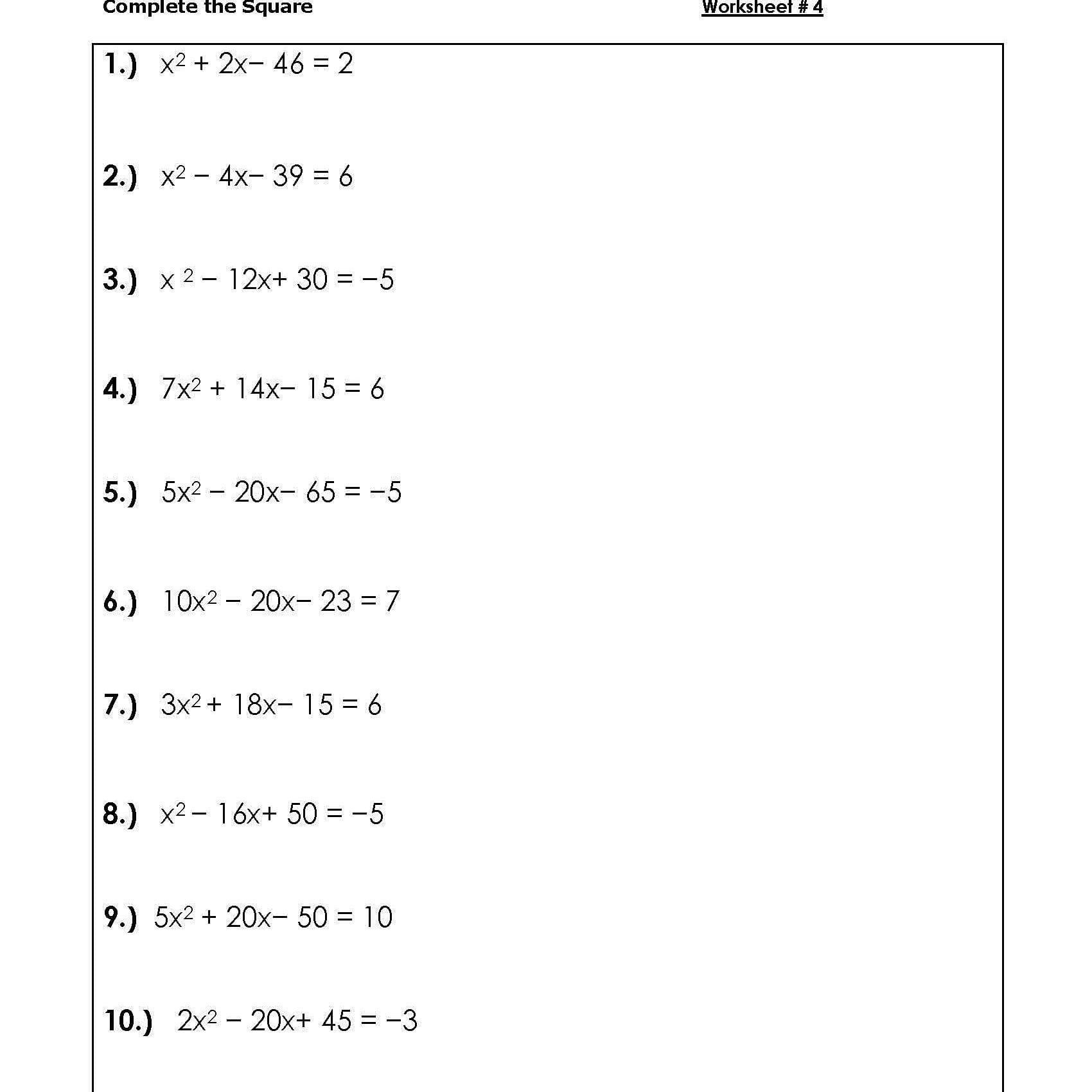 Solve Quadratic Equationscompeting The Square Worksheets