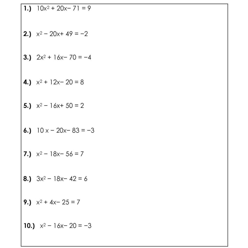 Solve Quadratic Equationscompeting The Square Worksheets