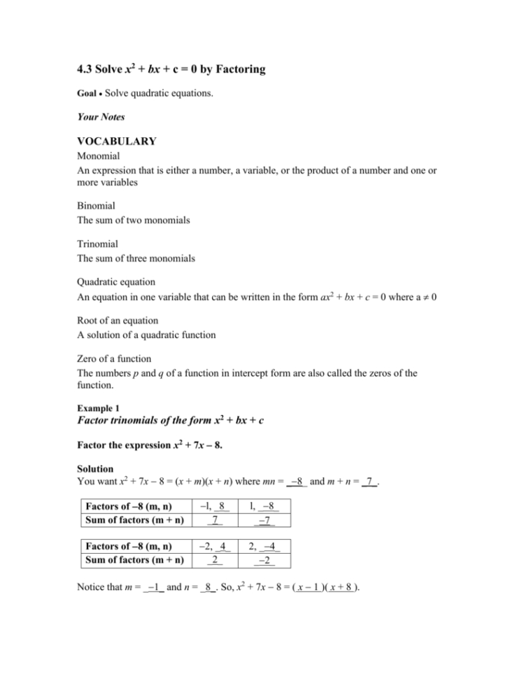 Solve X2  Bx  C  0Factoring