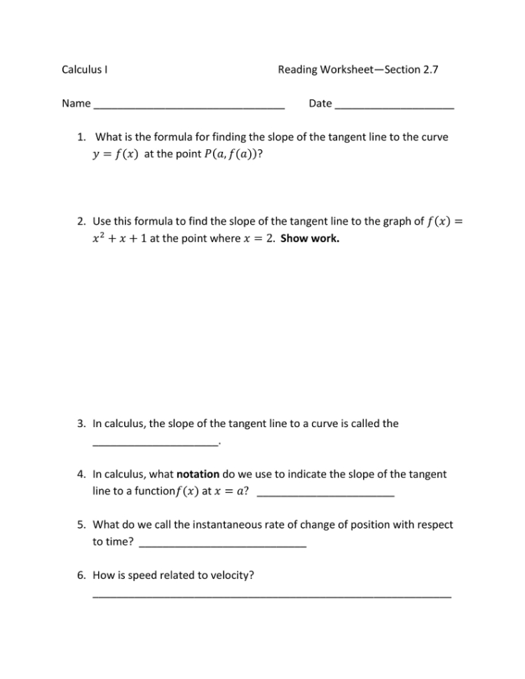 Solved Calculus I Reading Worksheetsection 27 Namedate
