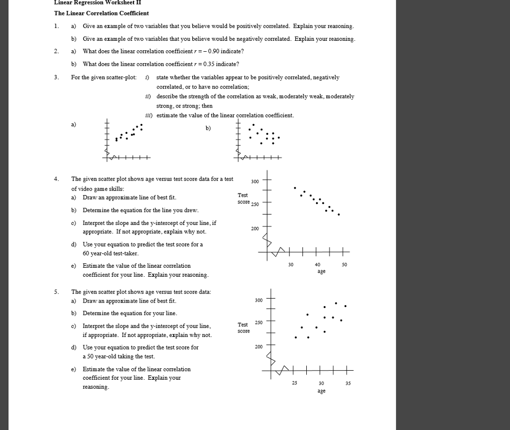 Solved Linear Regression Worksheet 11 The Linear Correlat Db excel