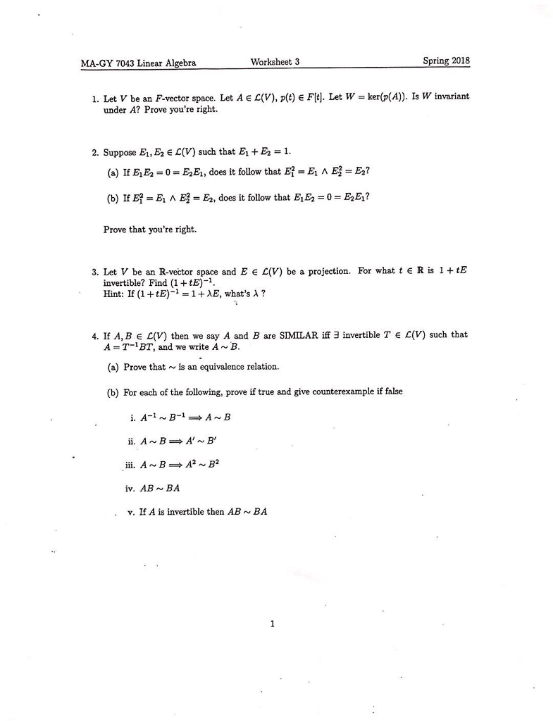 Solved Magy 7043 Linear Algebra Worksheet 3 Spring 2018