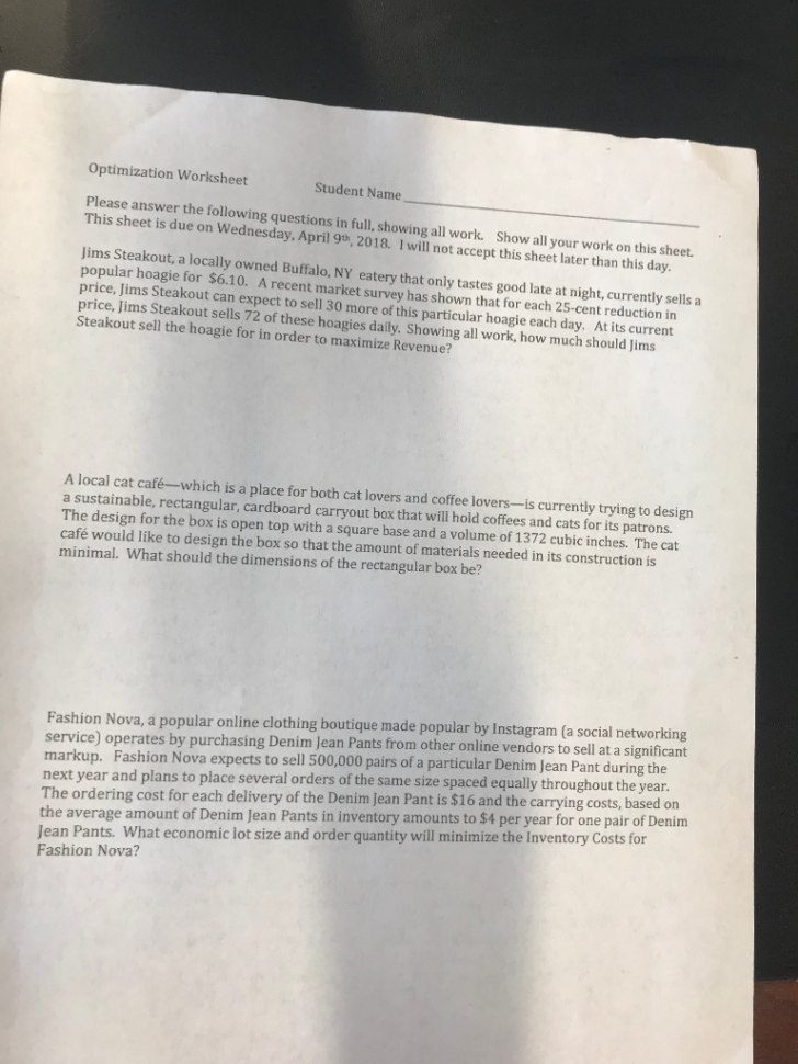 Solved Optimization Worksheet Student Name Please Answer