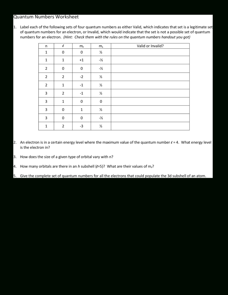 Solved Quantum Numbers Worksheet Label Each Of The Follow