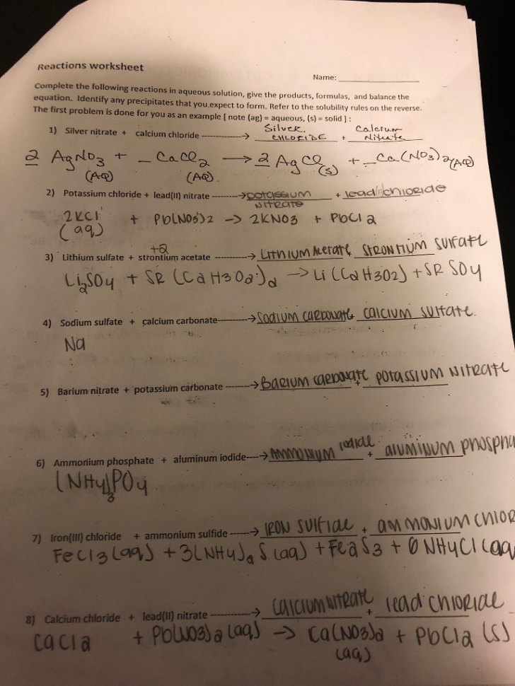 Solved Reactions Worksheet Name Complete The Following R