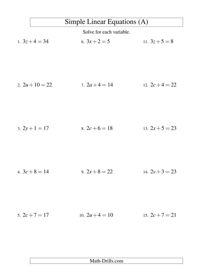 Simple Linear Equations Worksheet Db excel