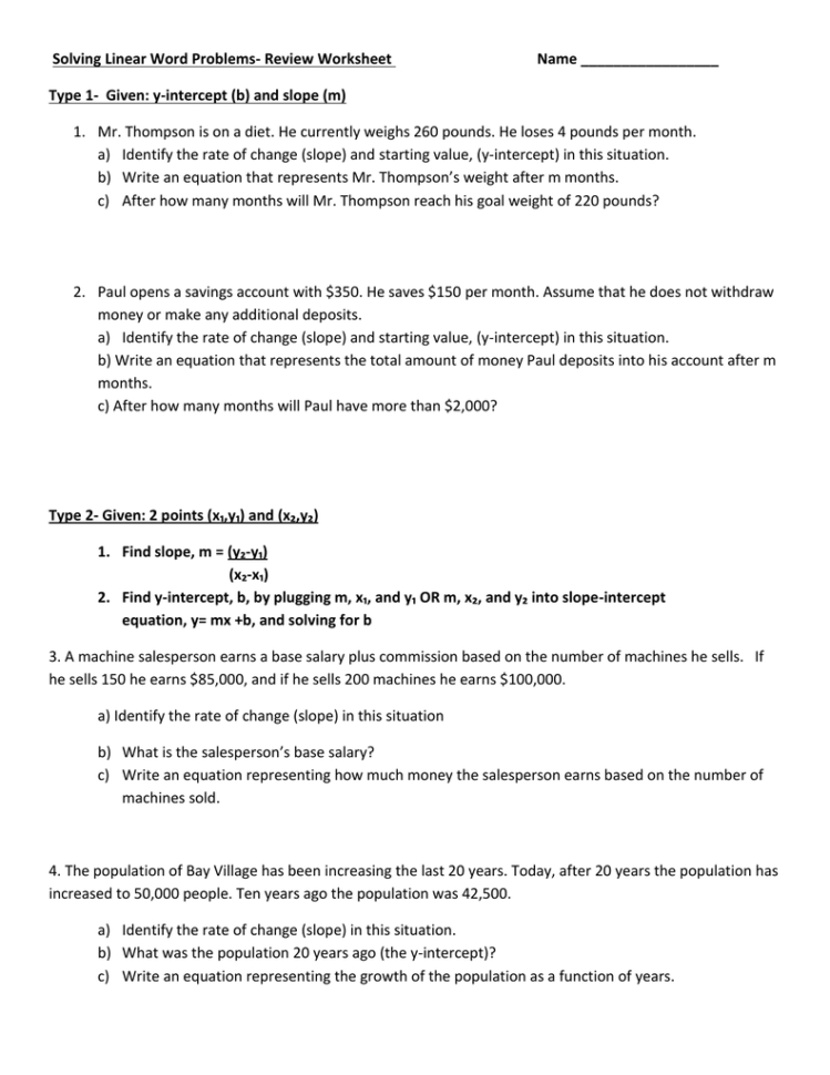 Solving Linear Word Problems Review Worksheet Name Type 1