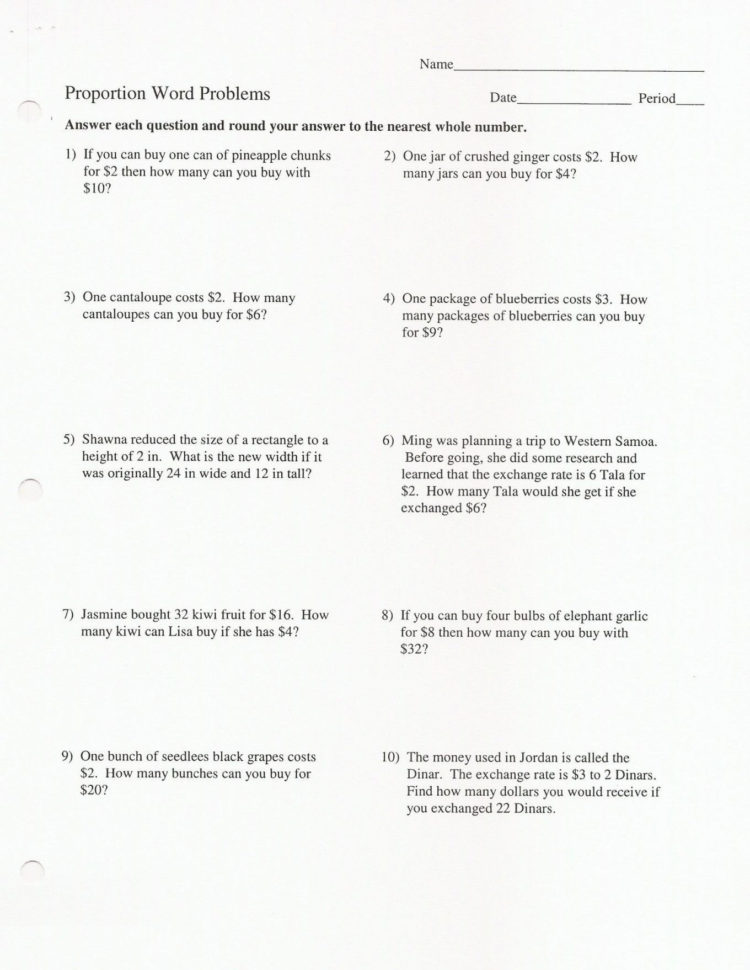 Solving Proportions Word Problems Worksheet