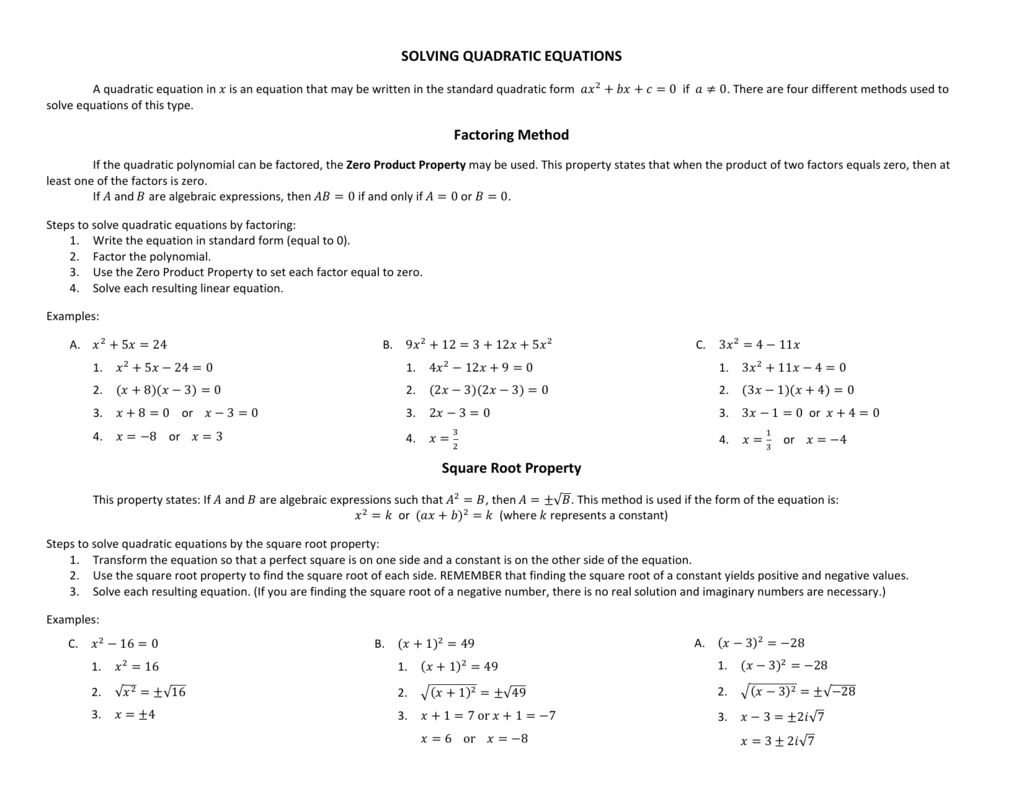 Solving Quadratic Equations Factoring Method Square Root