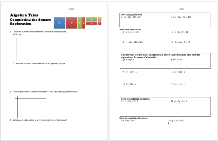 Solving Quadratic Equations By Completing The Square Worksheet