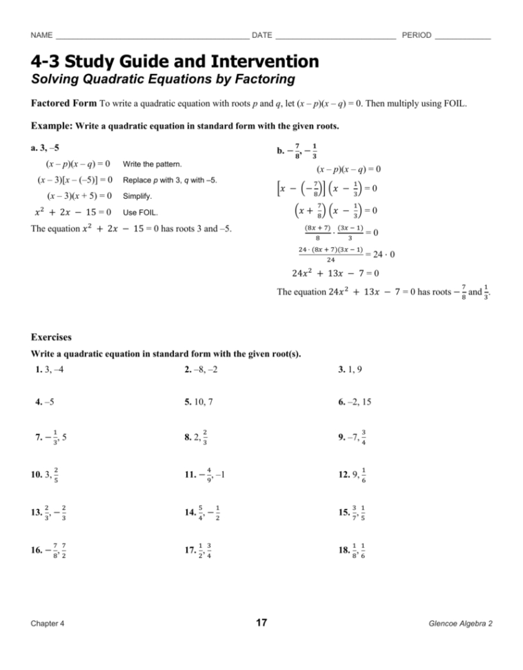 solve quadratic equations by factoring worksheet