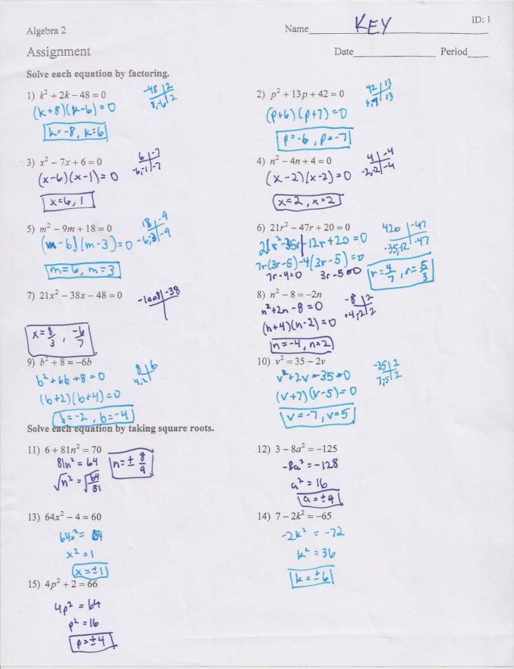 solve quadratic equations by factoring worksheet