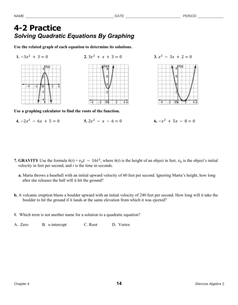 solving quadratic equations by graphing practice worksheet