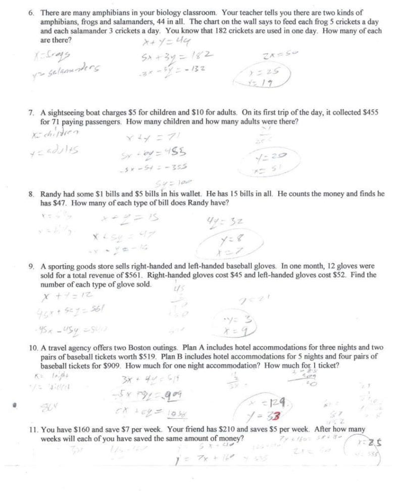 Solving Systems Of Equations Word Problems Worksheet Key